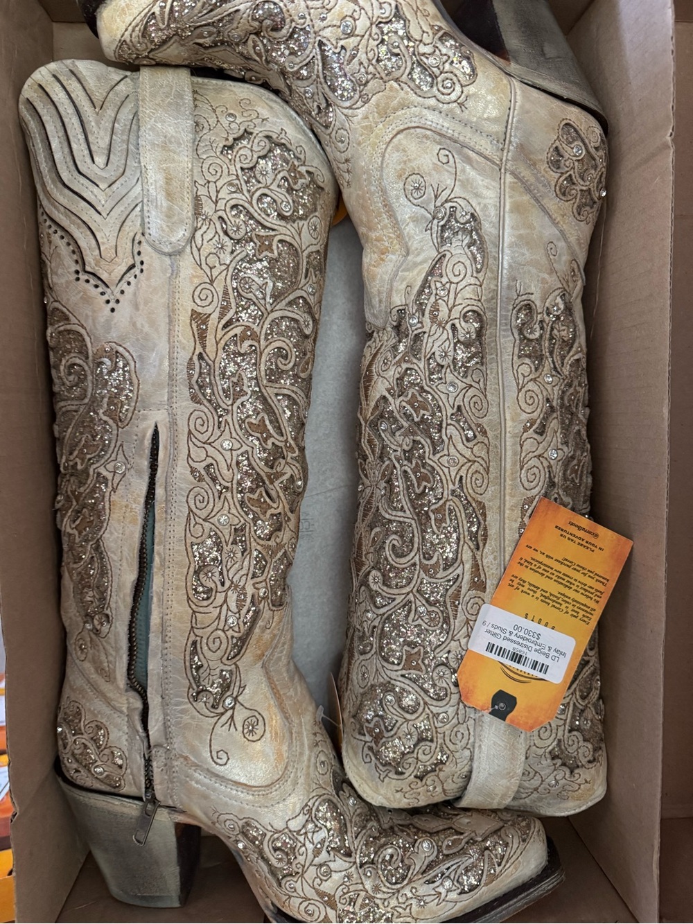 Corral Embellished Cream Western Boots with Glitter Stitching
